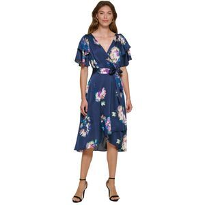 Dkny Floral-Print Faux-Wrap Dress - Midnight‎ Multi Size 14